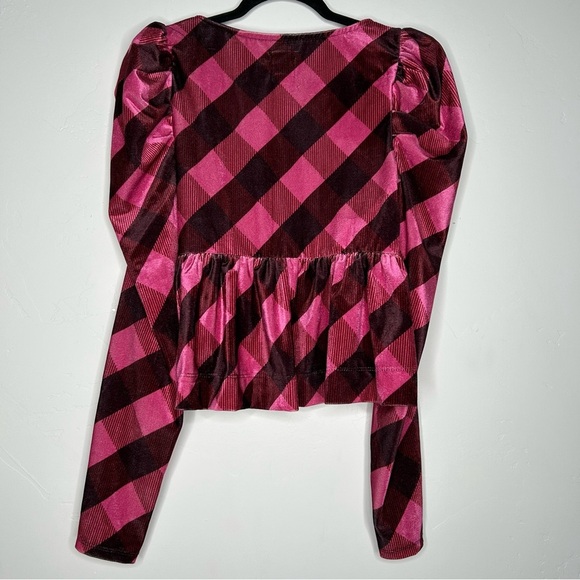 NWT Maeve Velvet Pink Maroon Plaid Puff Sleeve Top Low Cut Size Medium - Picture 3 of 12